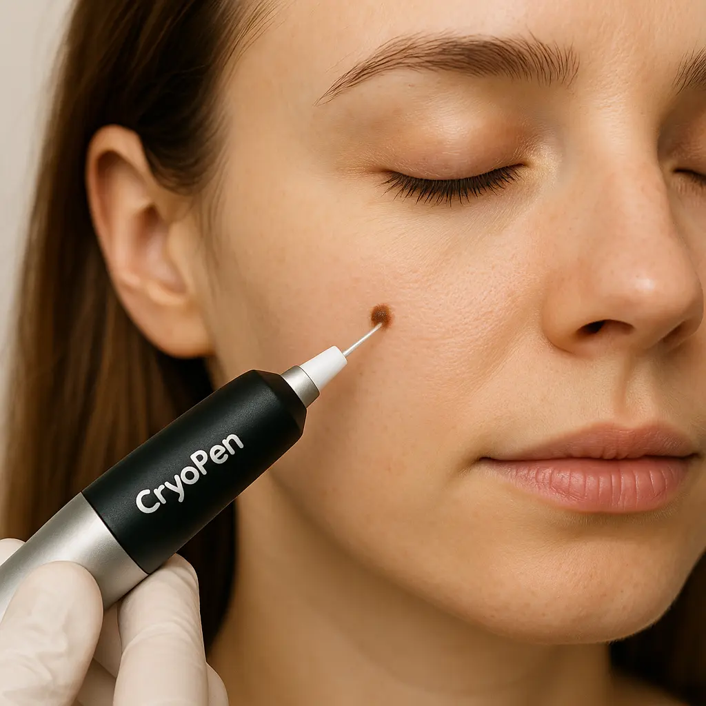 woman receiving facial mole removal Dorset using cryopen 